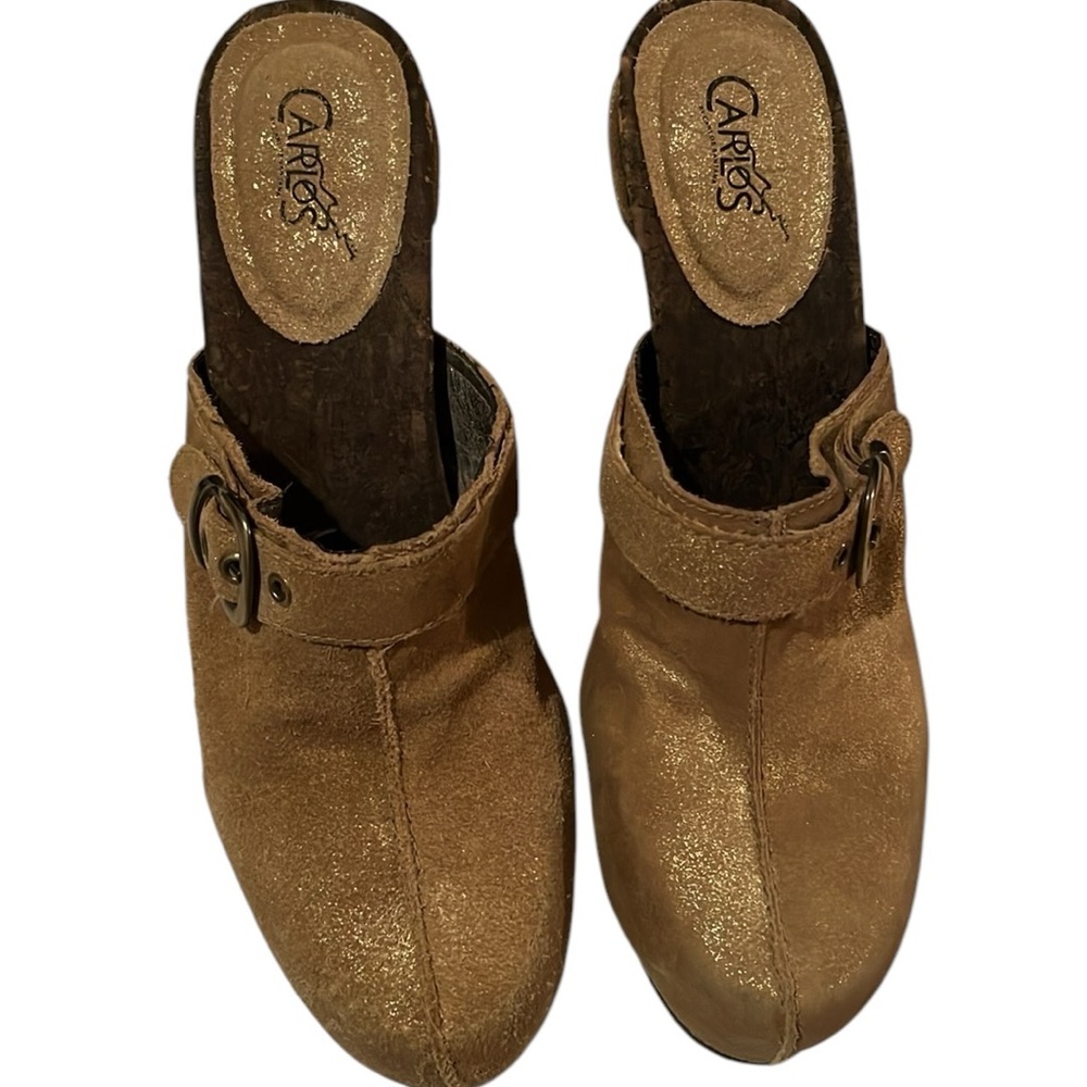 Carlos Santana size 9.5 tan suede mules or high heel clogs closed toe